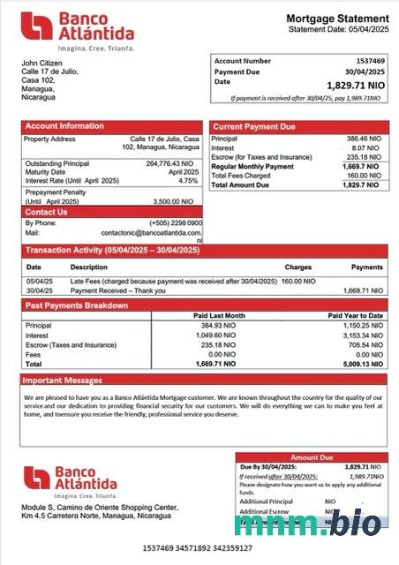 Nikaragua Banco Atlántida wyciąg z kredytu hipotecznego szablon Word i PDF